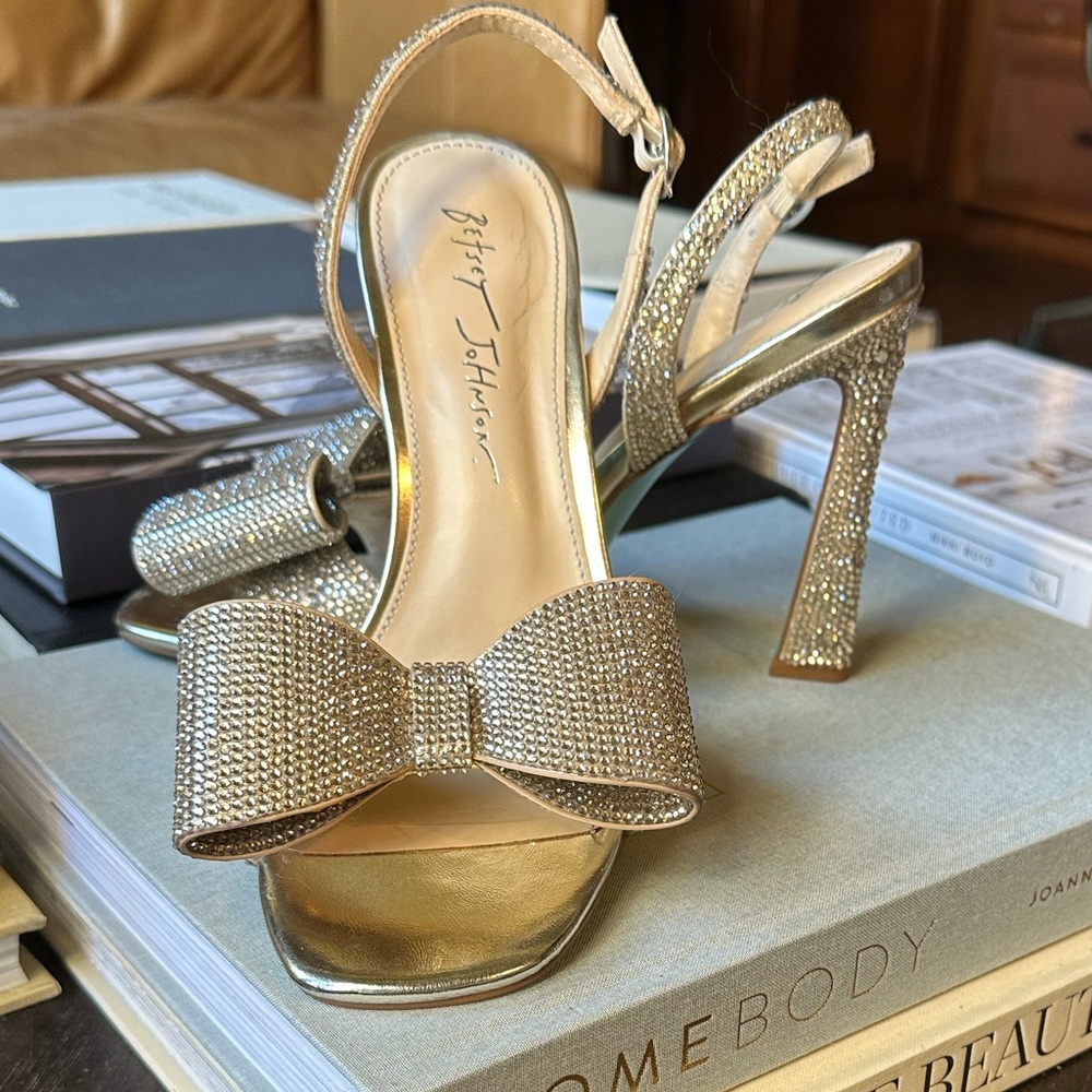 Betsey Johnson Gold Rhinestone High Heel Sandals with Bow.